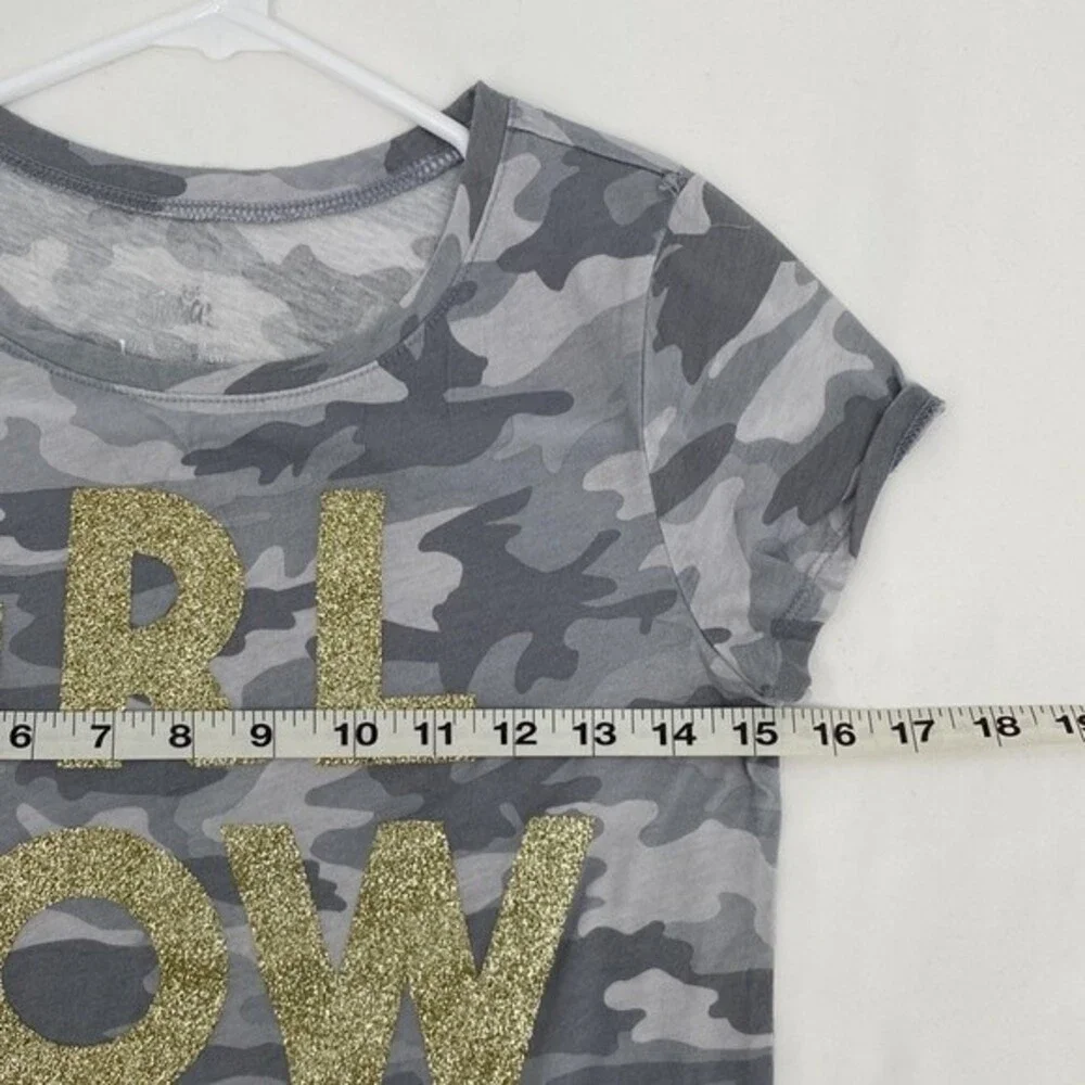 Justice Girls Gray Camo Gold Sparkle GRL POWER! Graphic Short Sleeve Shirt 12